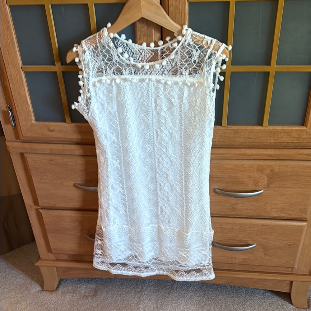 White Lace Sleeveless cover up with Pom Pom Details